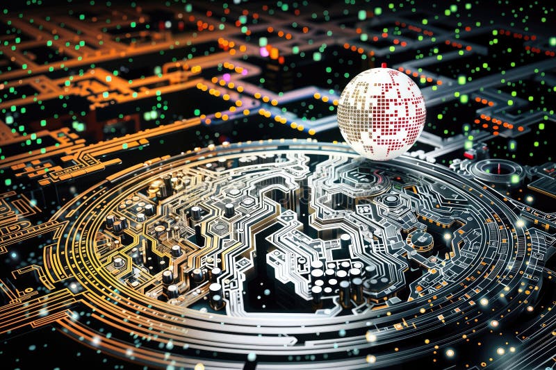 Circuit board and planet earth. 3d rendering toned image, generative ai royalty free illustration