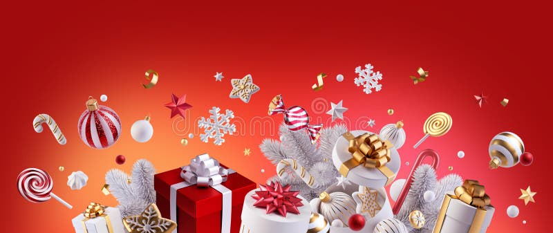 3d rendering, festive winter holiday wallpaper. White and gold Christmas ornaments flying around the gift boxes isolated on red