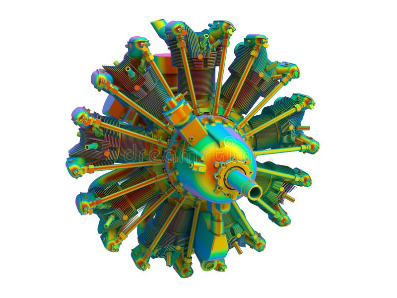 3D rendering - finite element analysis of a radial engine. 3D render illustration of an a finite element analysis of a radial engine. The composition is isolated on a white background with no shadows allowing easy clipping.