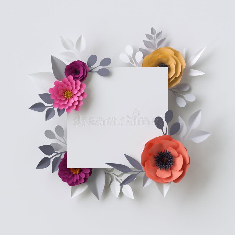 3d rendering fiori di carta astratti floreale sfondo foglio di sfondo bianco cornice quadrata modello carta di auguri illustrazione di stock