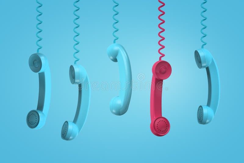 3d rendering of five old-fashioned phone receivers hanging down on their wires, one red, the others turquois, on