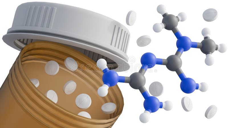 The floating metformin pills, molecular structure, and drug bottle. royalty free illustration