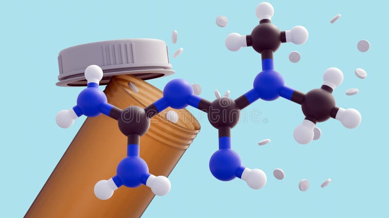 The floating metformin pills, molecular structure, and drug bottle. royalty free illustration