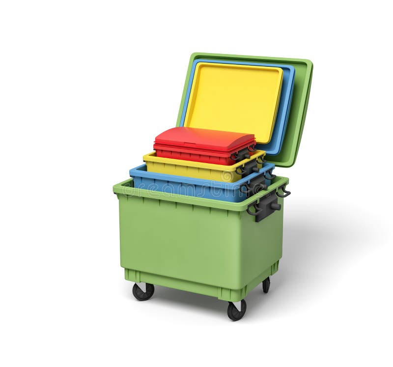 3d rendering of four nested colorful trash bins royalty free illustration