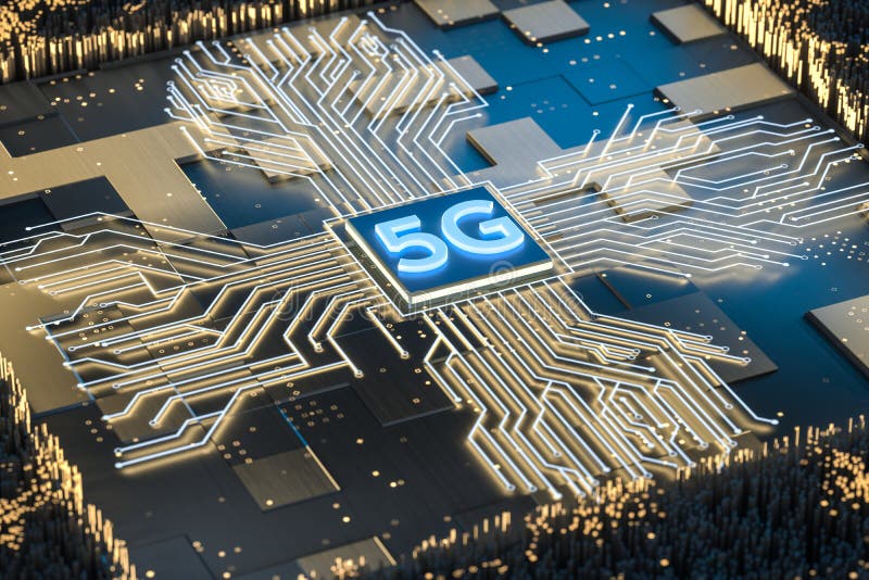 3d rendering, 5g font and circuit background stock illustration 3d rendering, 5g font and circuit background stock illustration