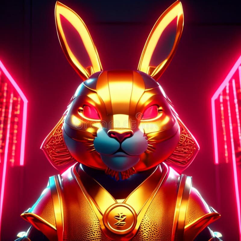 3D rendering of a golden hare in a neon light. Generative AI stock illustration