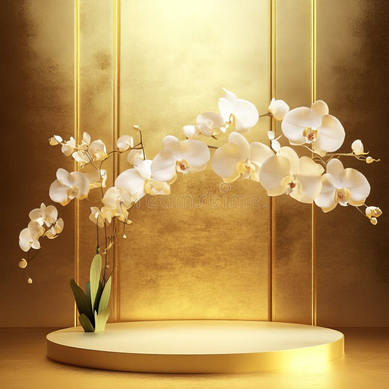 3d Rendering goldenes Podium mit weißen orchitischen Blumen auf goldenem Hintergrund. 3D Rendering von goldenem Podium mit weißen orchiden Blumen auf goldenem Hintergrund Dekoration Hintergrund