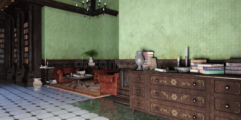 3D Rendering Gothic Library stock illustration