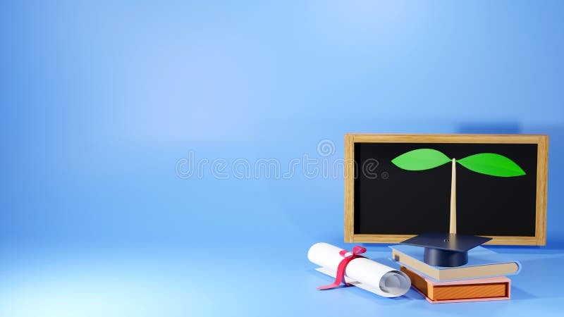 3D Rendering of Graduation Cap Books blackboard and tree on blue background. Realistic 3d shapes. Cultivating and developing royalty free illustration.