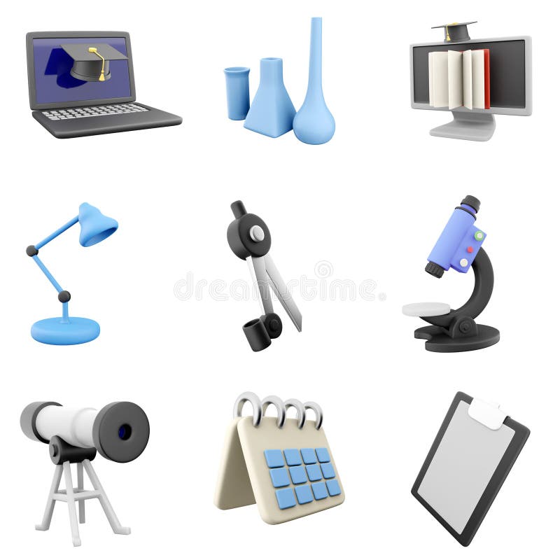 3d rendering graduation cap, chemical flasks, open book monitor, blue lamp, compass, microscope, telescope, calendar and vector illustration
