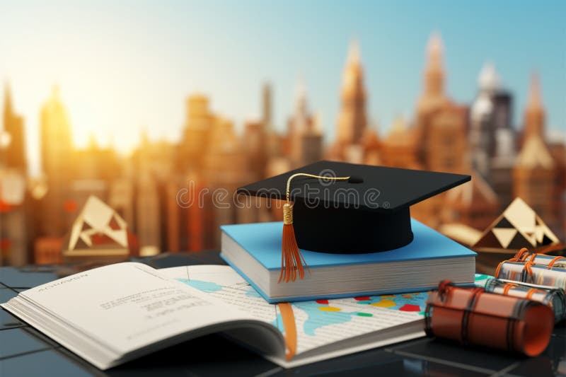 3D rendering Graduation cap, world map, and plane signify study abroad royalty free illustration