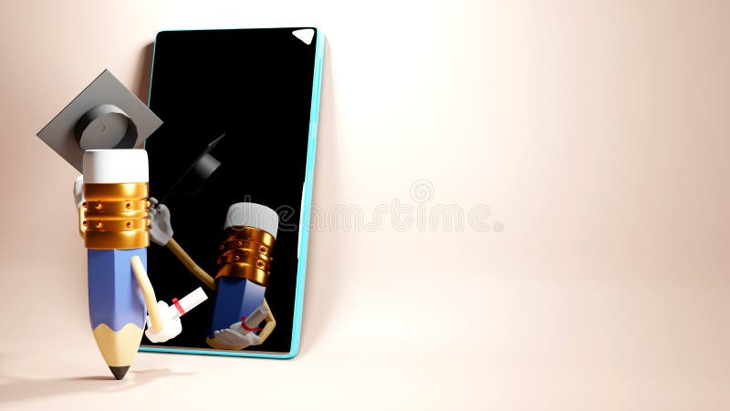 3D Rendering of Graduation pencil and mobil that has blank for input text on blue background. Realistic 3d shapes. Education royalty free illustration