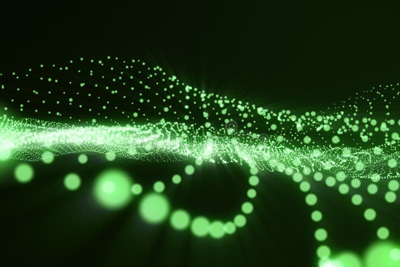 3d rendering green abstract digital wave form on dark background, connecting dots and lines, with light rays.