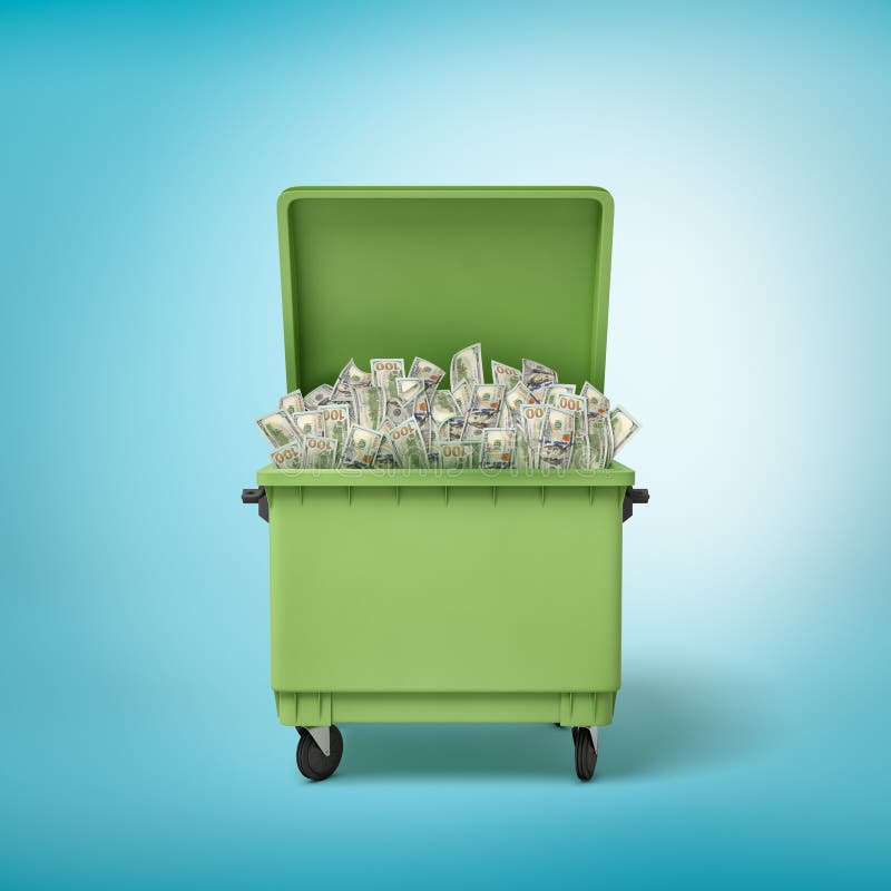 3d rendering of green trash bin filled with money dollars on blue background royalty free stock photos