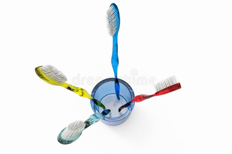 Group of toothbrushes of different colors from above royalty free illustration