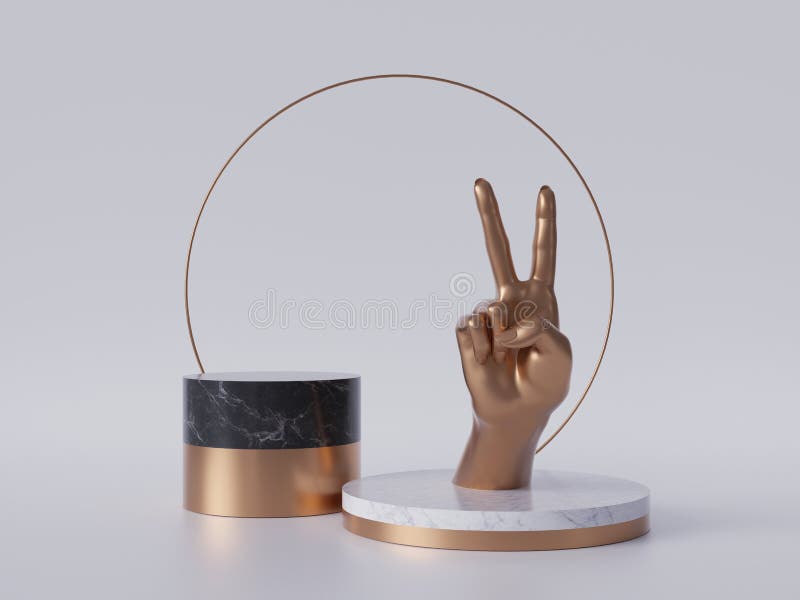 3d-rendering, gyllene hand, segergest, svart marmor, isolerad pÃ¥ vit bakgrund, minimalistiskt koncept, tom podium vektor illustrationer