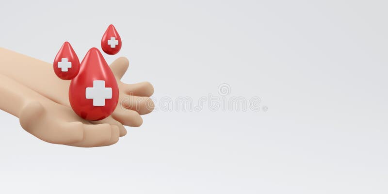 3D Rendering of hand holding blood drop with red cross sign