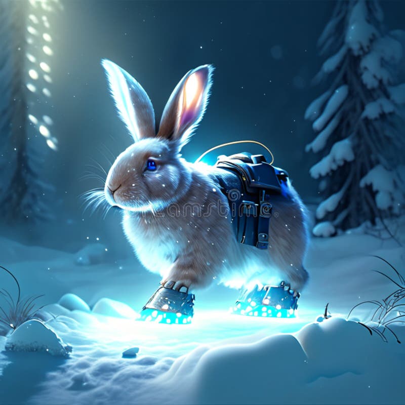 3D rendering of a hare with a gift in a winter forest generative AI royalty free illustration