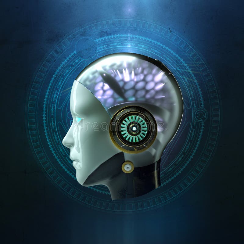 3D rendering of the head of a female robot with glowing hi tech ai artificial intelligence cyber brain on dark royalty free illustration 3D rendering of the head of a female robot with glowing hi tech ai artificial intelligence cyber brain on dark royalty free illustration