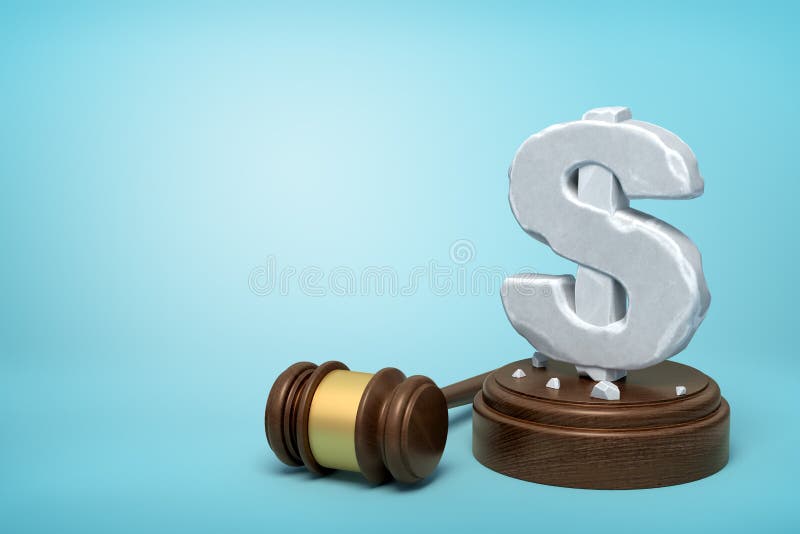 3d rendering of hefty stone dollar symbol standing on wooden sounding block with gavel beside on light-blue background