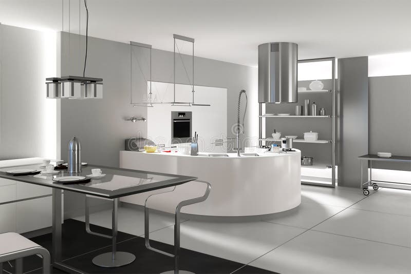 3d Rendering of Hi-tech Kitchen Interior Design Idea Stock Illustration -  Illustration of contemporary, floor: 154597081