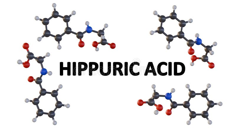 A 3D rendering of Hippuric Acid\'s molecular structure. stock illustration