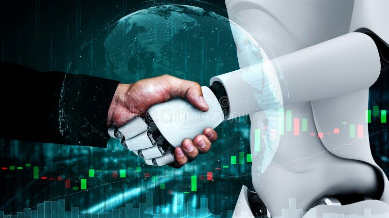 3D rendering hominoid robot handshake with stock market trading chart royalty free stock photography
