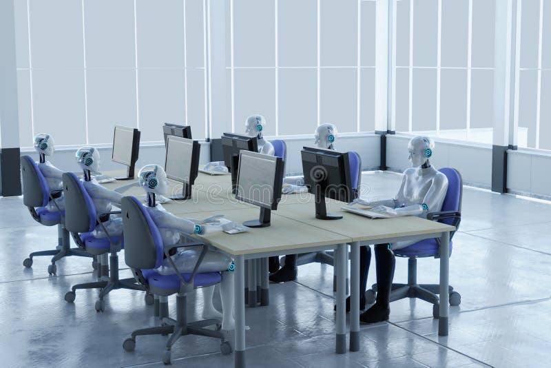 3D rendering human robot working in office concept royalty free illustration