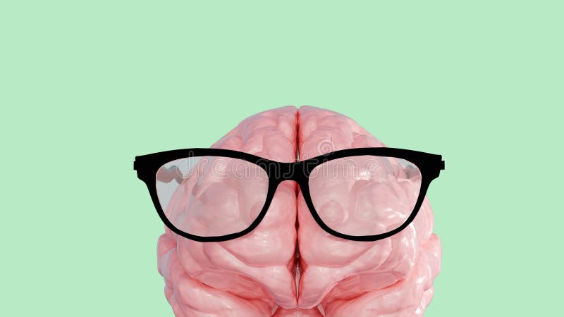 A 3d rendering of human brain is wearing a pair of glasses royalty free illustration
