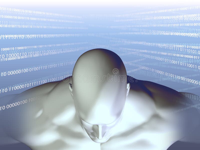 3D rendering of Human head with binary code. 3D rendering of Human head on a background with binary code