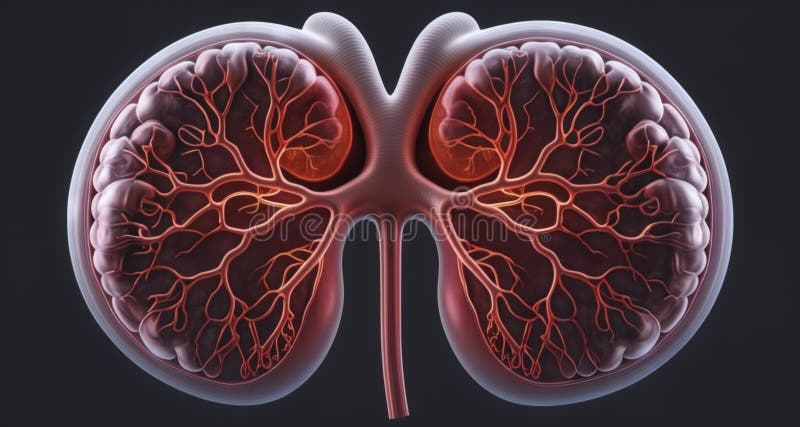 3D rendering of a human lung with detailed blood vessels stock illustration