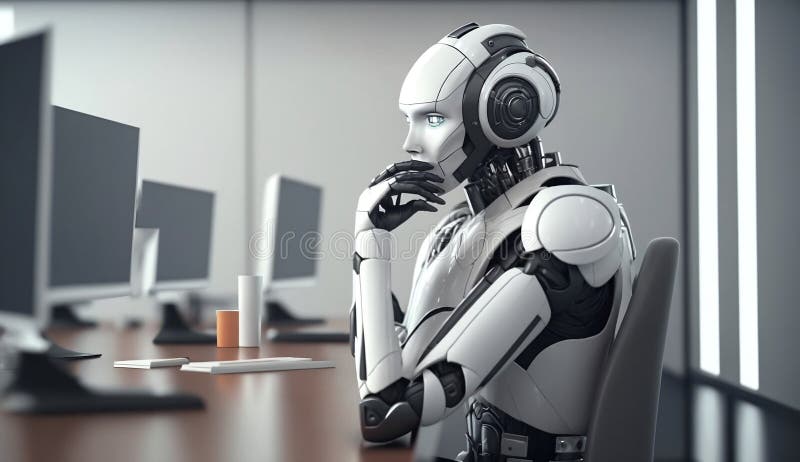 Robot android 3d rendering of humanoid technology background abstract in office city view. Futuristic cyborg learning laptop royalty free stock images
