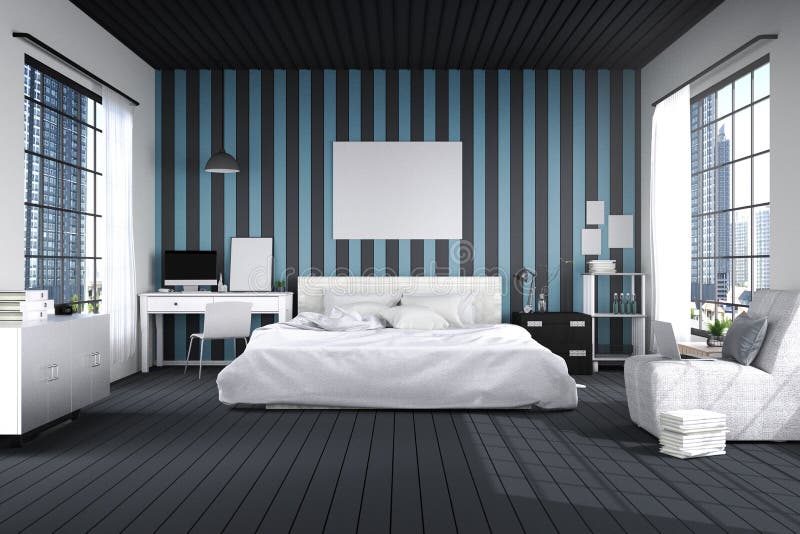 3D rendering : illustration of big spacious bedroom in blue and black color. big comfortable double bed in elegant modern bedroom vector illustration