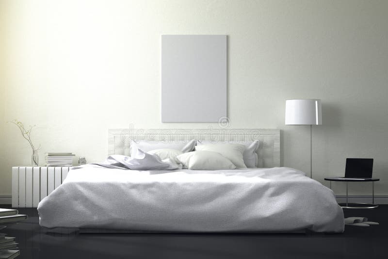 3D rendering : illustration of big spacious bedroom in soft light color. big comfortable double bed in elegant bedroom royalty free illustration