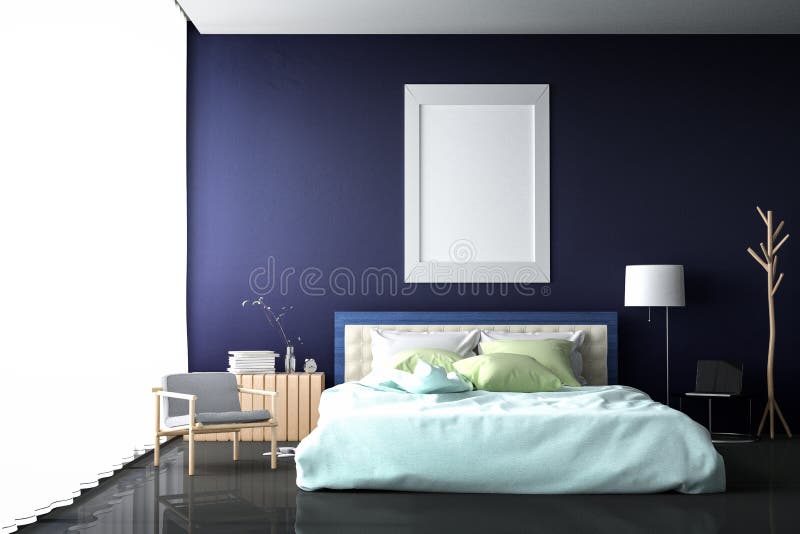 3D rendering : illustration of big spacious bedroom in soft light color. big comfortable double bed in elegant classic bedroom stock illustration