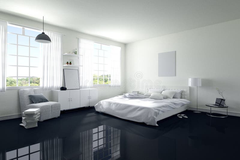 3D rendering : illustration of big spacious bedroom in soft light color. big comfortable double bed in elegant modern bedroom royalty free illustration