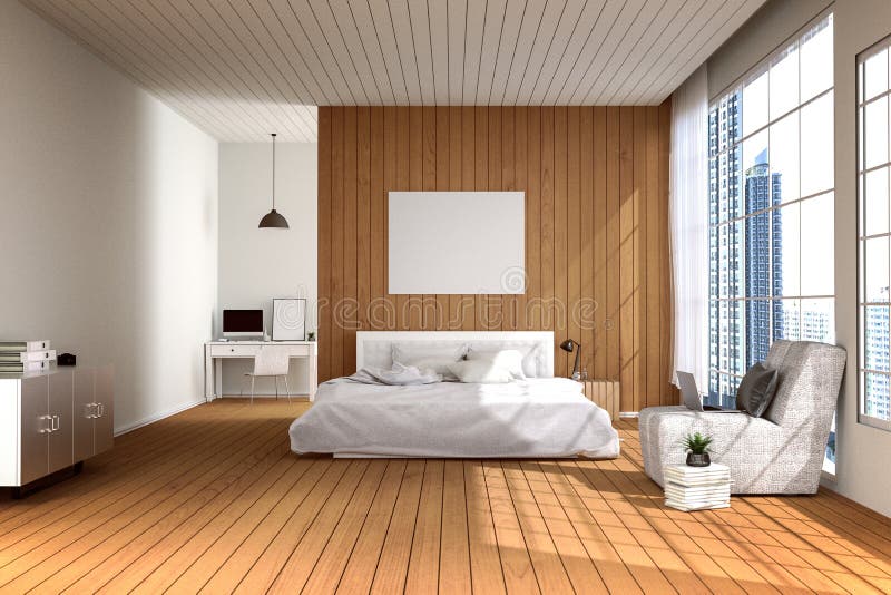 3D rendering : illustration of big spacious bedroom in soft light color. big comfortable double bed in elegant modern bedroom stock illustration