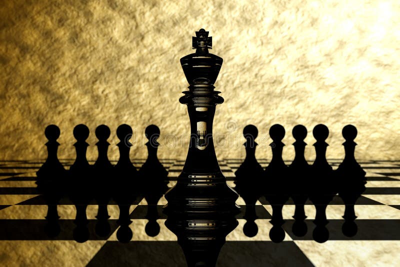 3D Rendering : illustration of chess pieces.the glass king chess at the  center with pawn chess in the back.chess board with light drop background.leader  success concept,business leader concept Stock Illustration