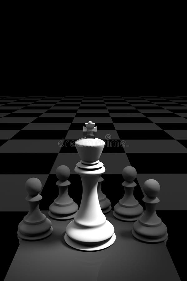 3D Rendering : illustration of chess pieces.the king chess at the center with wooden pawn chess in the back.put on chess board