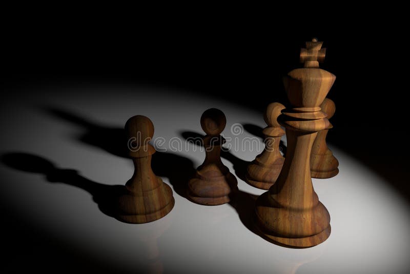 3D Rendering : illustration of chess pieces.the glass king chess at the  center with pawn chess in the back.chess board with light drop background.leader  success concept,business leader concept Stock Illustration