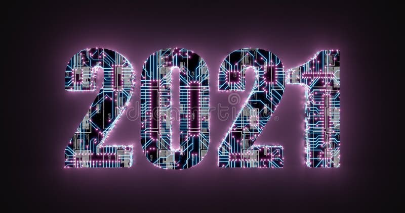 3d rendering. Illustration of 2021 lettering in electronic circuit style with neon tracks and contacts. High tech background stock illustration