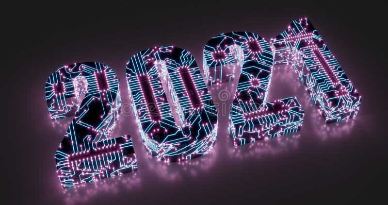 3d rendering. Illustration of 2021 lettering in electronic circuit style with neon tracks and contacts. High tech background royalty free illustration