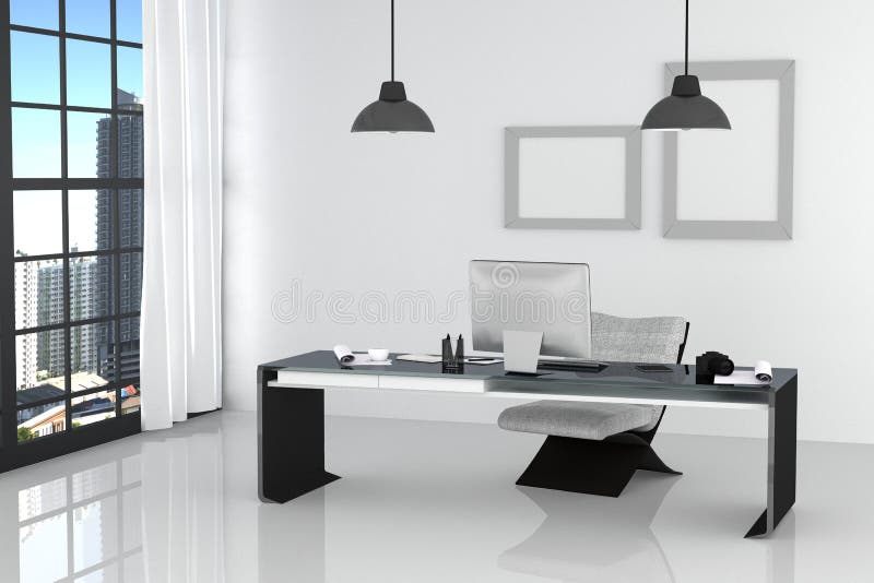 3D Rendering : illustration of modern interior white office of Creative designer desktop with PC computer,keyboard,camera,lamp royalty free illustration 3D Rendering : illustration of modern interior white office of Creative designer desktop with PC computer,keyboard,camera,lamp royalty free illustration