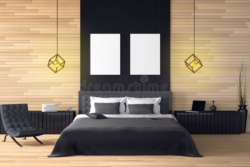 3D rendering : illustration of modern wooden house interior. bed room part of house. Spacious bedroom in wood style vector illustration
