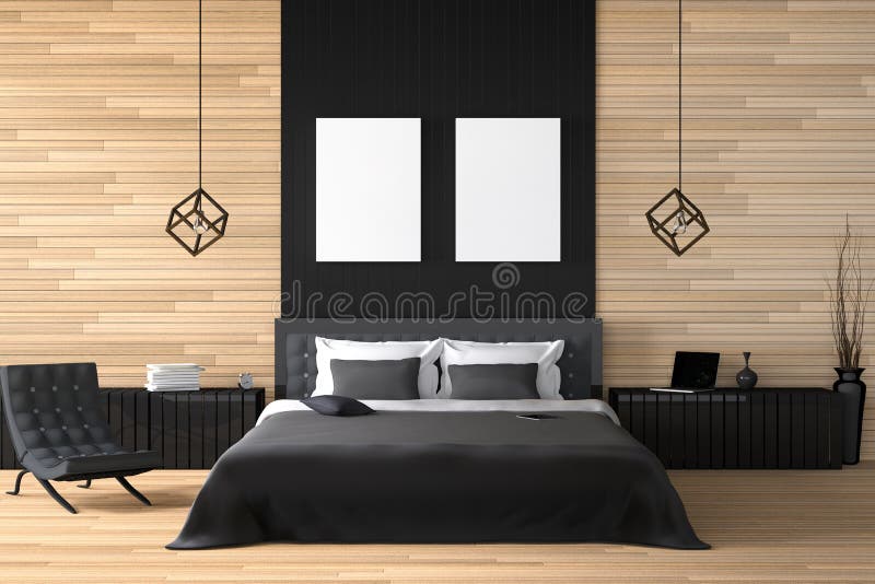 3D rendering : illustration of modern wooden house interior. bed room part of house. Spacious bedroom in wood style royalty free illustration