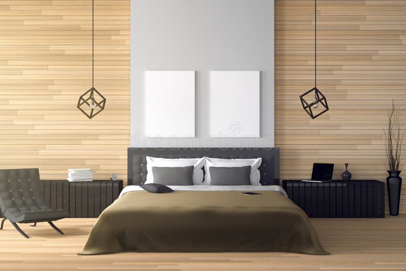 3D rendering : illustration of modern wooden house interior. bed room part of house. Spacious bedroom in wood style royalty free illustration