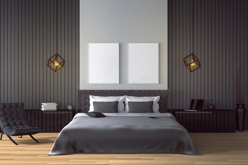 3D rendering : illustration of modern wooden house interior. bed room part of house. Spacious bedroom in wood style vector illustration