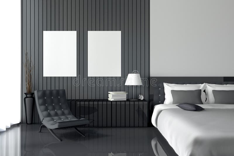 3D rendering : illustration of modern wooden house interior. bed room part of house. Spacious bedroom in wood style royalty free illustration