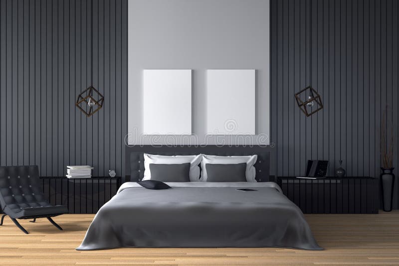 3D rendering : illustration of modern wooden house interior. bed room part of house. Spacious bedroom in wood style stock illustration