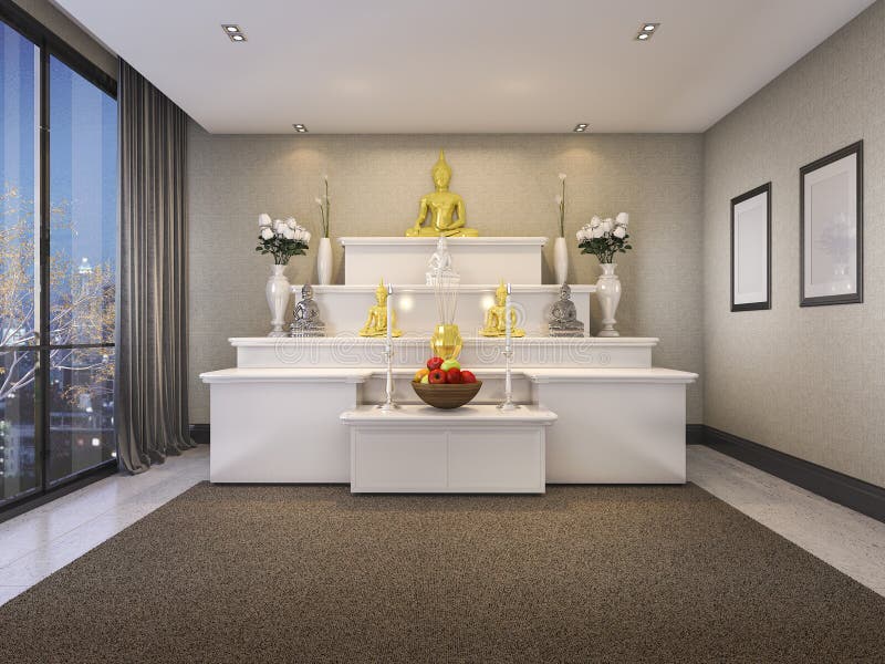 3d Rendering Modern Buddha Prayer Room with Night View from Window Stock Illustration